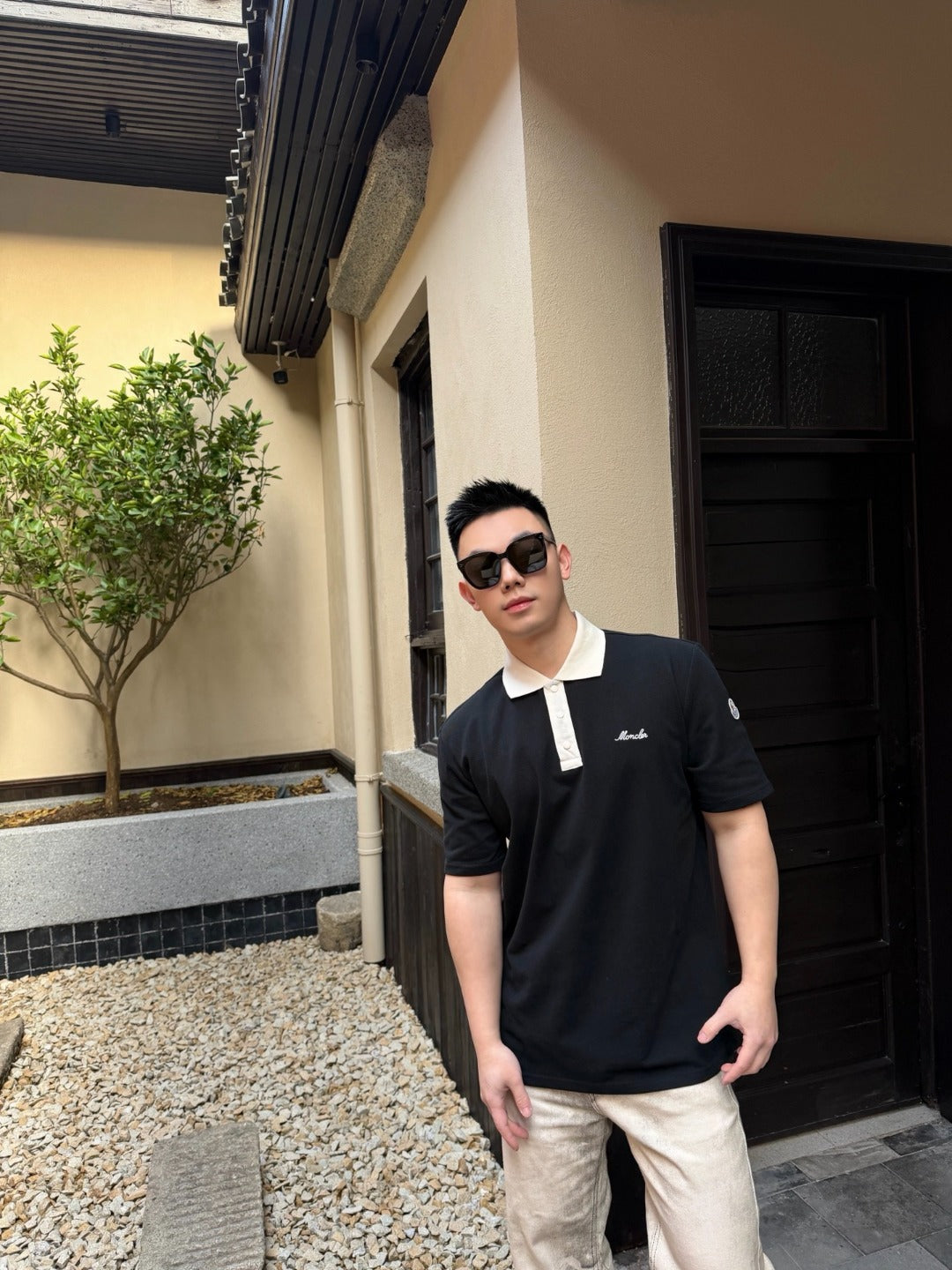 MONCLER MC Embroidered Color Contrast Button Short Sleeve Polo Shirt