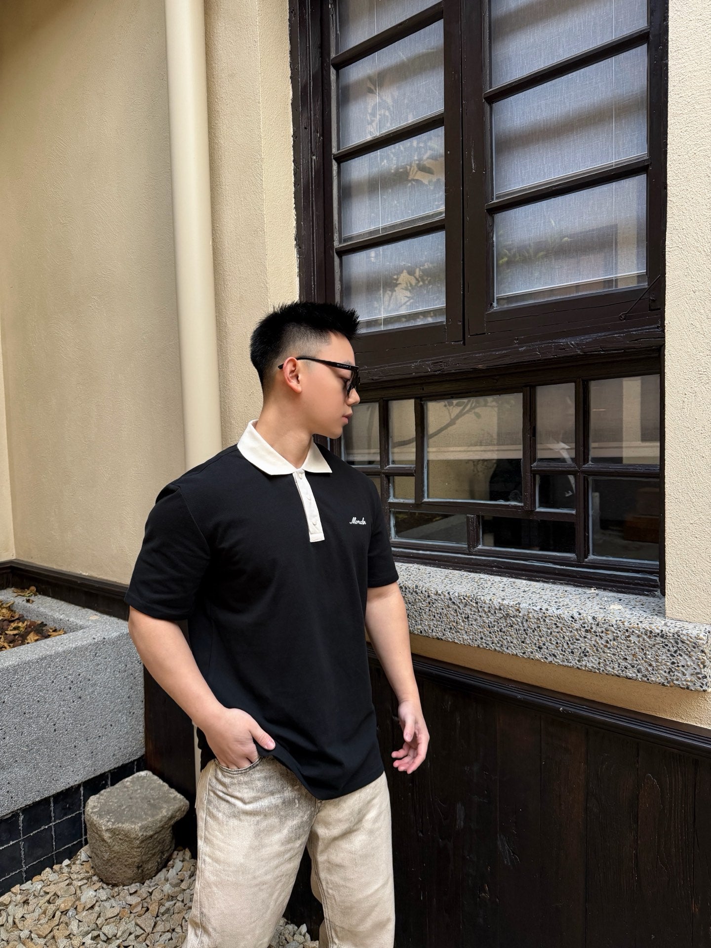 MONCLER MC Embroidered Color Contrast Button Short Sleeve Polo Shirt